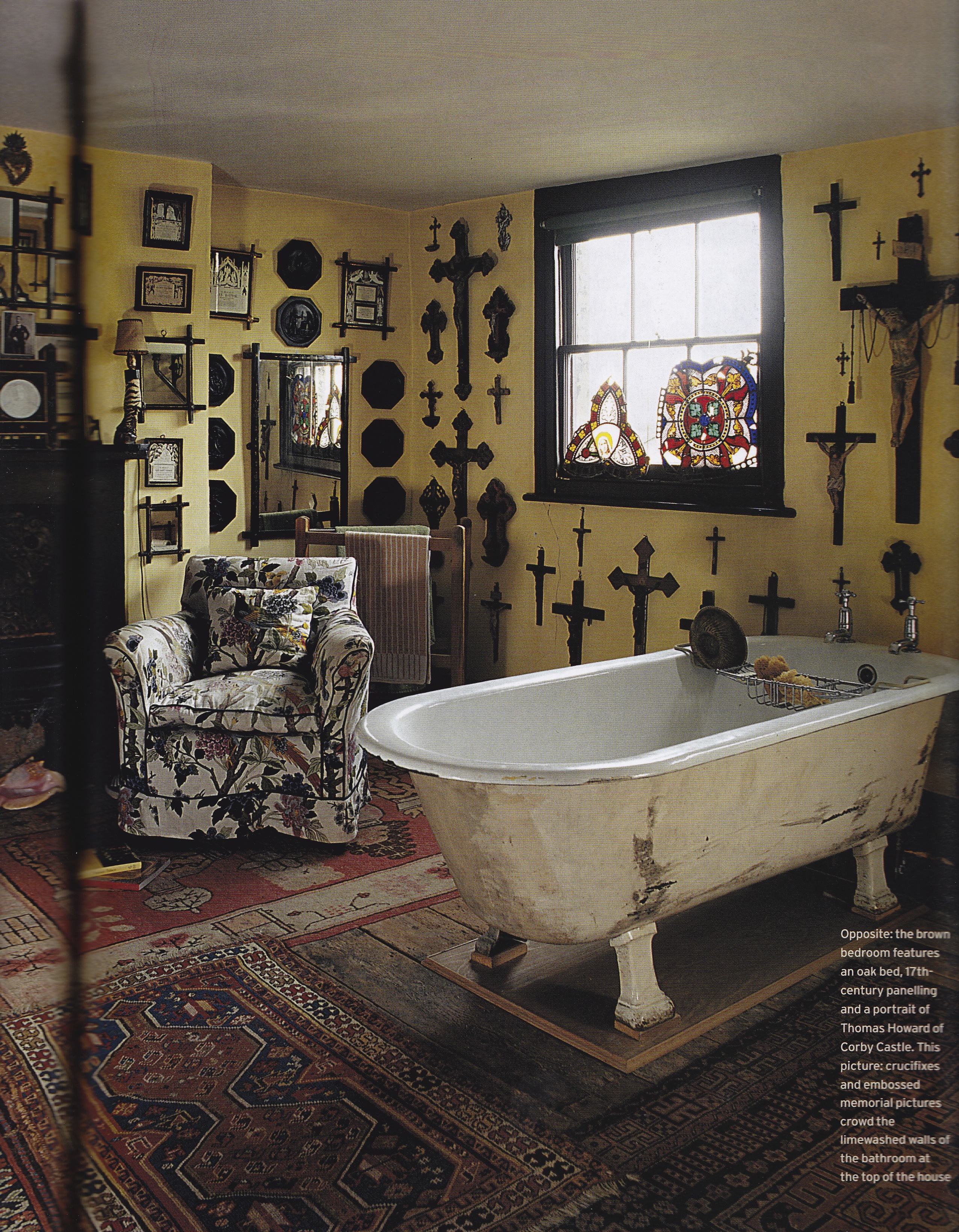 Crucifixes and embossed memorial pictures line the lime-washed walls of a bathroom. Photo by James Mortimer.