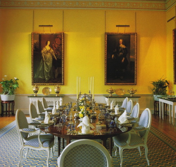David Hicks enlivened the dining room of an English country house, Broadlands, with brightly painted yellow walls. From David HIcks: Living With Design.
