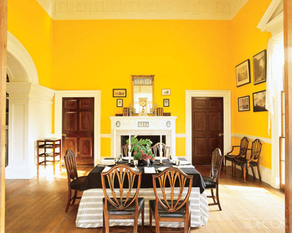 Until recently the dining room at Monticello had been a sedate Colonial blue since 1936. Tests revealed this shade of chrome yellow underneath the blue. Restoration of the room and return to its original color was made possible by Polo Ralph Lauren. Photo by Pieter Estersohn.