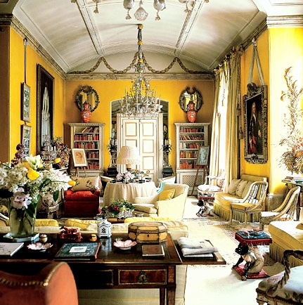 Perhaps it all began here, in Nancy Lancaster's London drawing room at 22 Avery Row. Though its design dates after Monticello the world of design didn't know of its original chrome yellow walls until recently. It may be fair to maintain that Nancy Lancaster, who brought the English country house-style to interior design and decoration, also encouraged room with a sunny disposition.