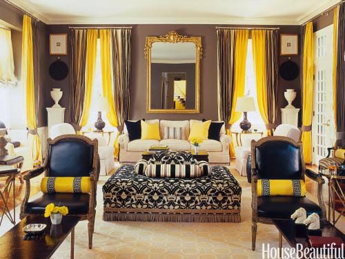 Mary McDonald created sharp and graphic contrast in this neo-Regency style living room utilizing blakc, white and yellow.
