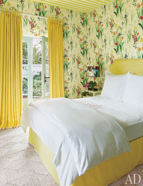 Miles Redd injected a bedroom with exuberant yellow for a vacation house in Lyford Cay featured in the August issue of AD. Photo by Bjorn Wallander.