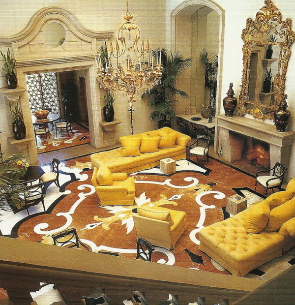 Michael Taylor designed a Palazzo-style pool pavilion for clients in the 1960's, punctuating the earthy Italian palette with shots of lemon yellow upholstery. From Michael Taylor: Interior Design by Stephen Salny.