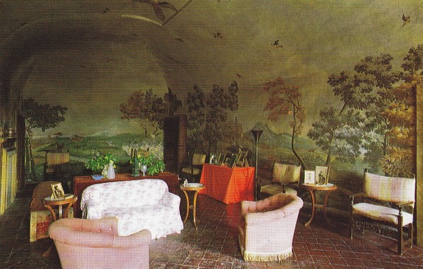 In a photo taken in the 1980's by James Mortimer the salone features walls and a vaulted ceiling painted with frescoes depicting pastoral views of the Sabine Hills with birds flying overhead.