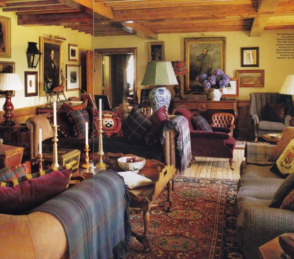 The drawing room in Ward Denton and Christopher Gardner's country estate, Glen Fishie Lodge, embraces Scottish tartan, crests and men's suiting for a decidedly clubby feel. Photo by Thibault Jeanson.