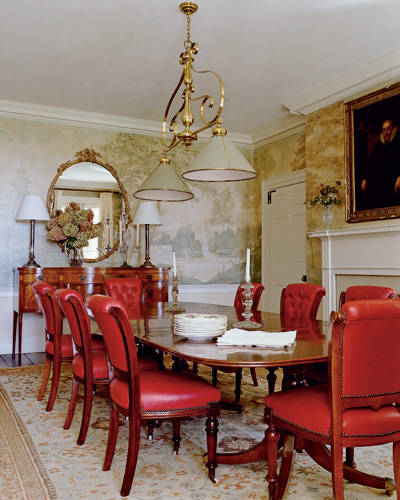 The dining room at Willow Grace Farm designed by architect Gil Schafer and decorated by Michael S. Smith. Photo by Henry Bourne.