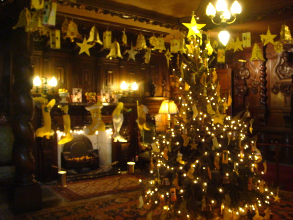The medieval Oak Room decorated with paper ornaments made by children.