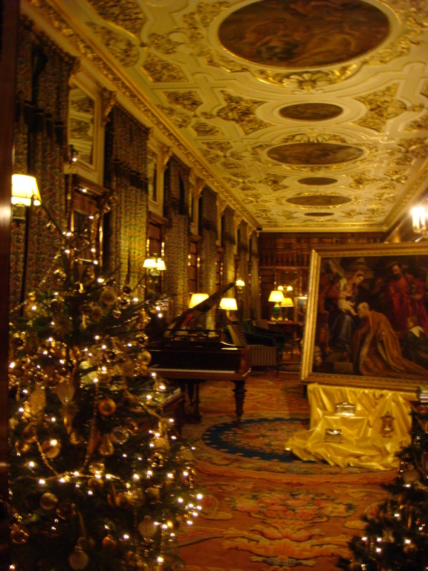 The paneled library glows from a a tree strung with Christmas lights and a blazing fire.