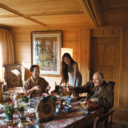 Family breakfast at the Grand Chalet de Rossinière. From left to right, Setsuko, daughter Harumi, and Balthus. Photo by Alvaro Canovas.