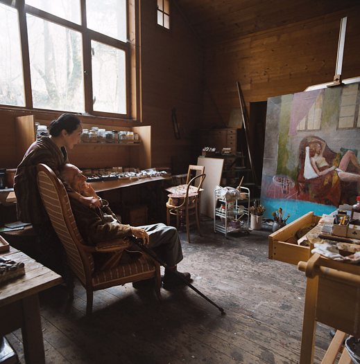 Setsuko with Balthus in the studio at the Grand Chalet, Rossinière. Photo by Alvaro Canovas.