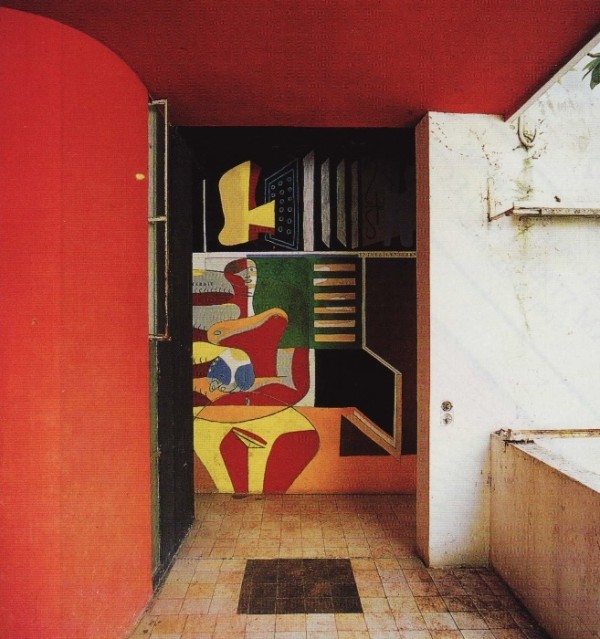 Le Corbusier altered the entrance of Gray's villa by painting over her mural with his own. Photo courtesy of Foundation Le Corbusier.