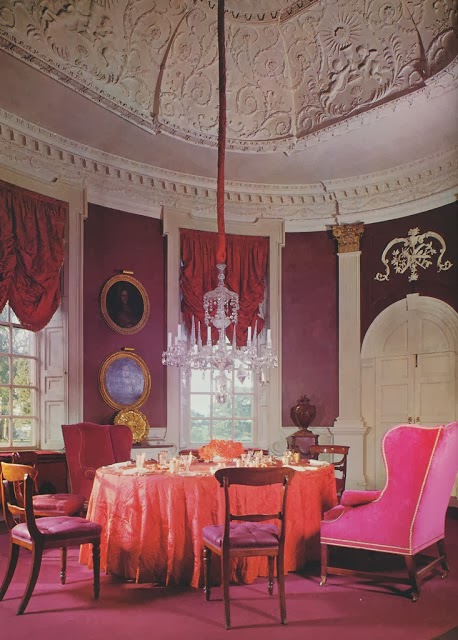 David Hicks' pink and red confection for his dining room at Britwell in Oxfordshire. From David Hicks: A Life of Design by Ashley Hicks.