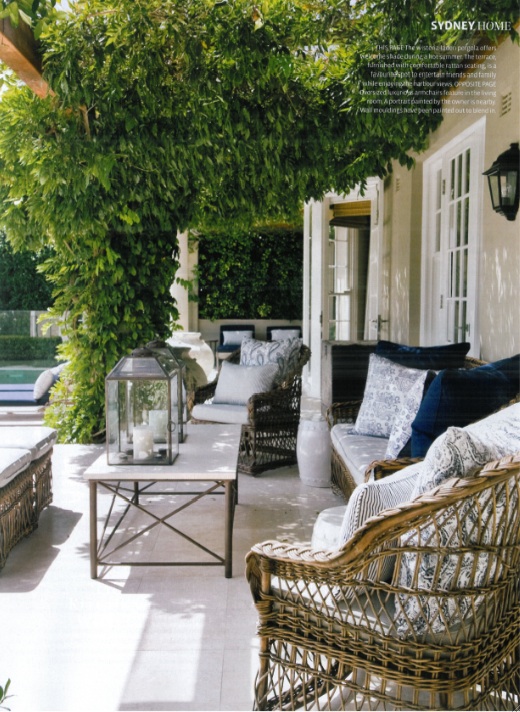 A shaded terrace with Mediterranean elan photographed by Simon Kenny Belle Magazine.