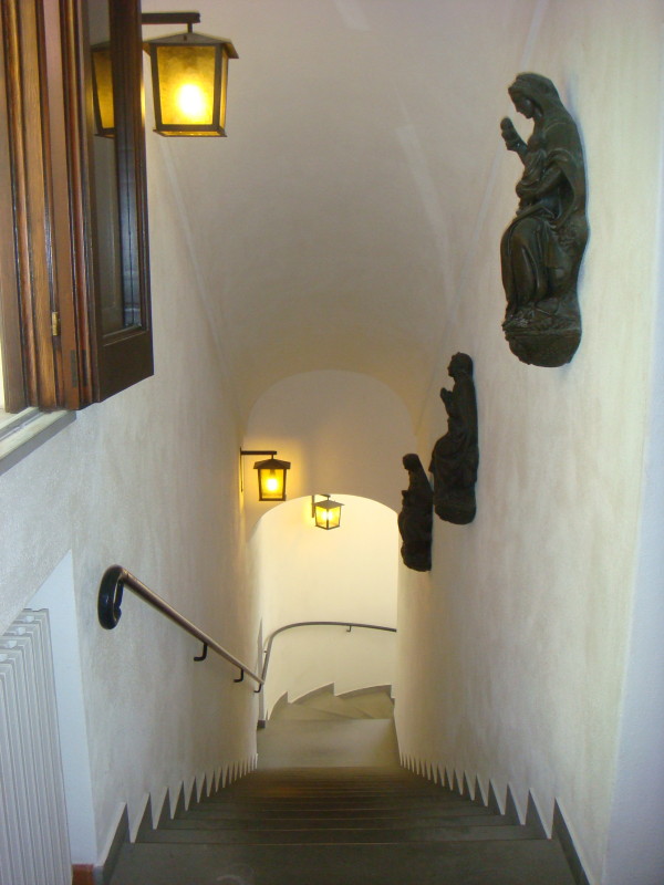 The vaulted stairwell leads from the entry down one level to the living and dining rooms, the kitchen and service area, a library-bedroom and the terrace.