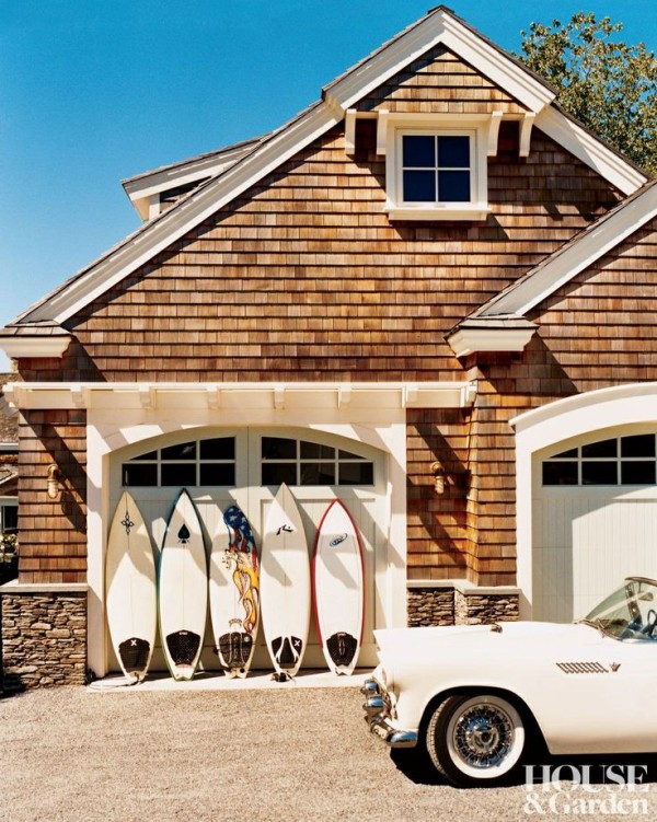 Surfboards lined up along the garage of a Newport, Rhode Island, estate, welcome the arrival of summer and the time to take it easy. Photo by Oberto Gili.