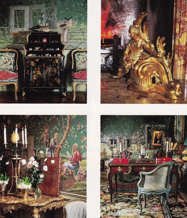 Above, upper left: A black and gold lacquer cartonnier holds the shells Jayne especially loved. Upper right: One of a pair of chenets in the drawing room. Lower left: A Regence console table with one of four volumes of La Fontaine Fables illustrated by Oudry (now at the Morgan Library). The Pineapple candelabrum was made for Louis XVI. Lower right: A Louis XV chair at a desk of the same period is topped by a table fountain with Meissen swans. The Ming porcelain is set in French mounts.