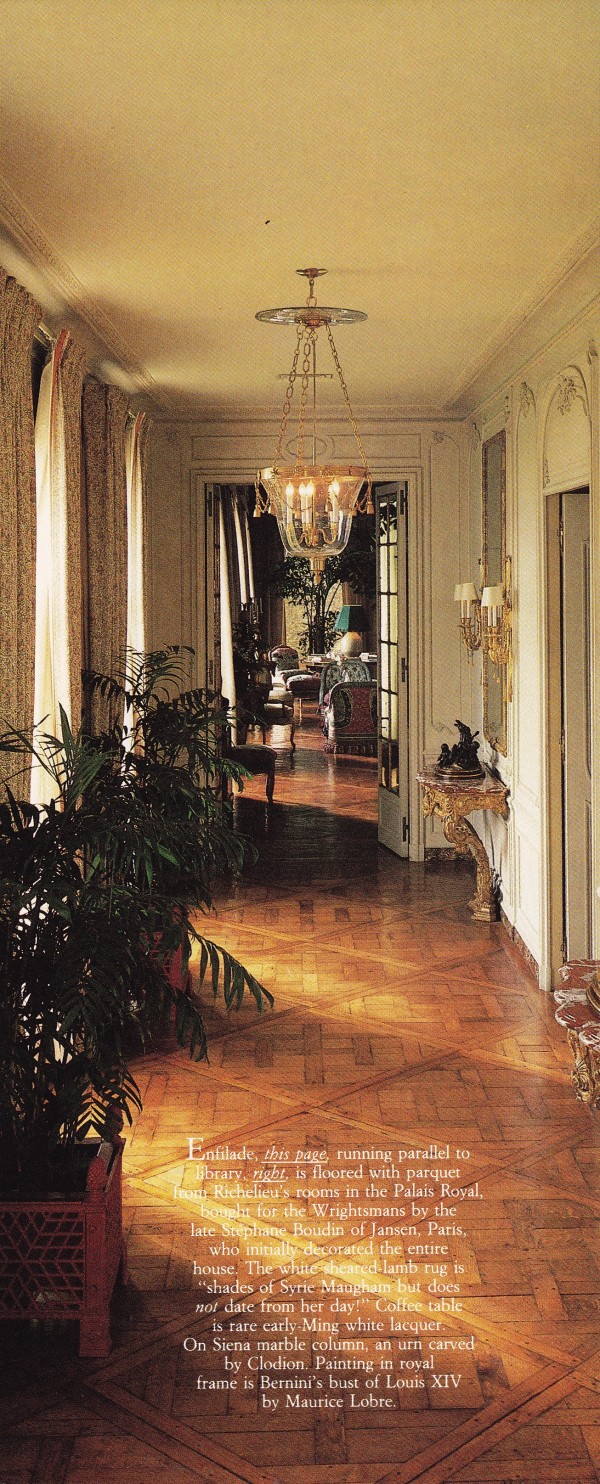 The enfilade, which runs parallel to the library, is floored with parquet from Richelieu's rooms in the Palais Royal, installed for the Wrightsman's by Stéphane Boudin, who initially decorated the entire house.