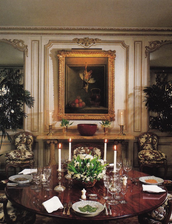 The twelve Louis XV chairs in the dining room were recovered by Vincent Fourcade in a Scalamandré fabric copied from an 18th-century English document based on an Indian pattern. The boiserie is also Louis XV. The painting is by Oudry. The plates were painted by the late French femme de lettres Louise de Vilmorin, a friend of Jayne's. 
