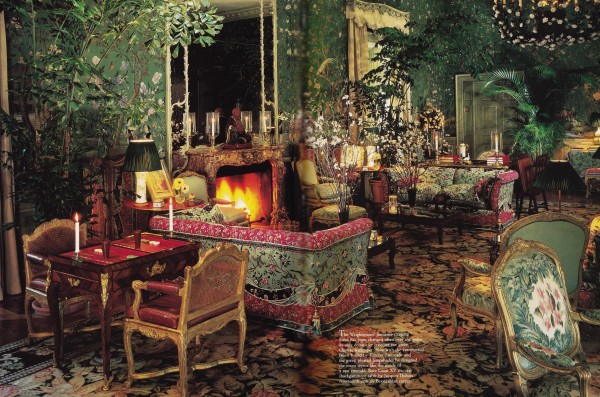 The magnificent drawing room had been changed over often over the years, the only decorative constant the green Chinese wallpaper. In the rooms latest incarnation VIncent Fourcade introduced Brunschwig & Fils extroverted Menars Bordered Panel and the green pleated lampshades. A rare Louis XV tric-trac (backgammon) table by Jacques Dubois sets behind a sofa, and the Bessarabian carpet is 19th-century.