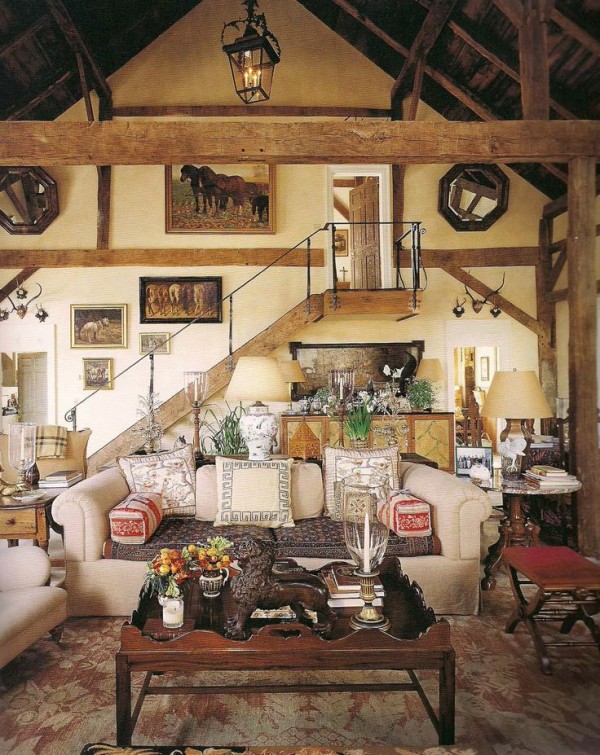A living area in Bunny William's and John Rosseilli's converted barn in Connecticut. From The Finest Rooms in America  by Thomas Jayne.