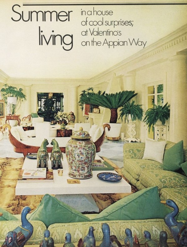 1974: Valentino collaborated with one of the 20th century’s most important interior designers, Lorenzo Mongiardino, on his Appian Way villa. Picasso’s Femme Assise dictates the living room’s color scheme, anchored in soothingly pale greens. Eighteenth-century Chinese cloisonné birds survey the space. Photographed by Horst P. Horst, Vogue, August 1974. 